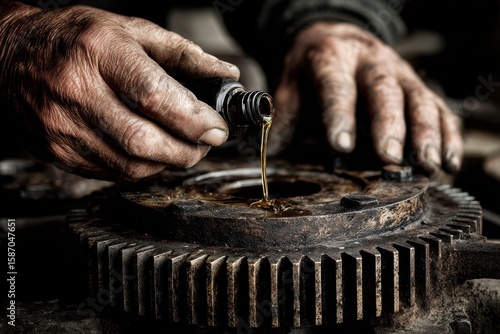 Close-Up of Manual Oil Application in Mechanical Workshop Setting