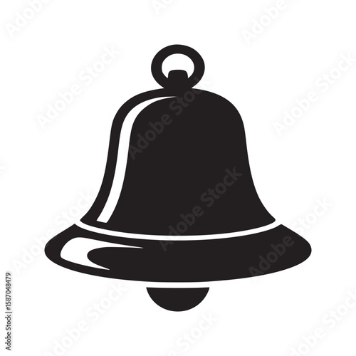 A simple black and white illustration of a bell with a clapper and a ring for hanging it up