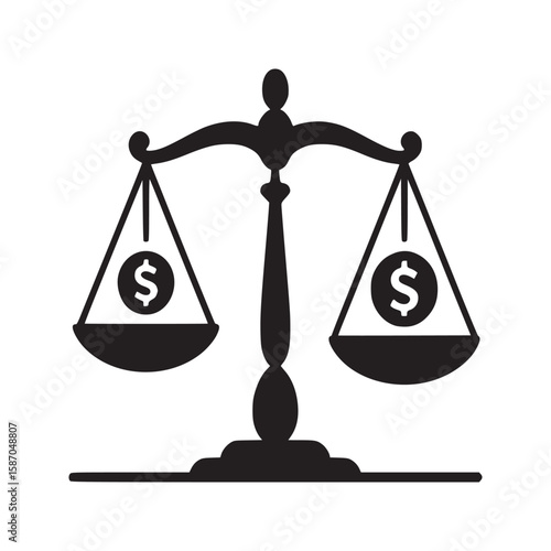 A black and white illustration of scales with dollar signs representing financial balance and equity