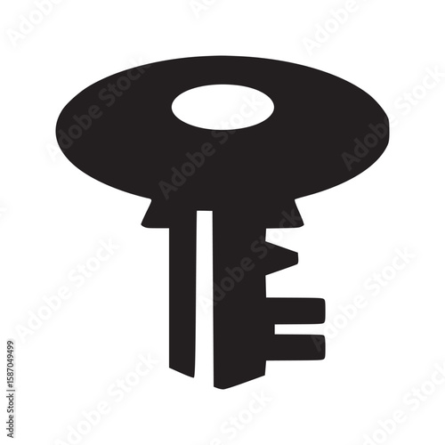 A simple black key with a round head and a straight stem isolated on a light gray background plain