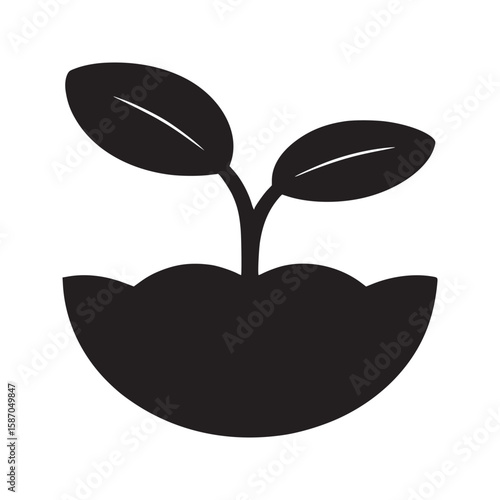 A simple black and white illustration of a small plant growing in a pot with two leaves visible