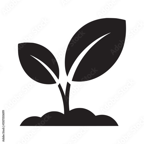 A simple black and white graphic of a plant sprouting from soil with two leaves visible clearly shown