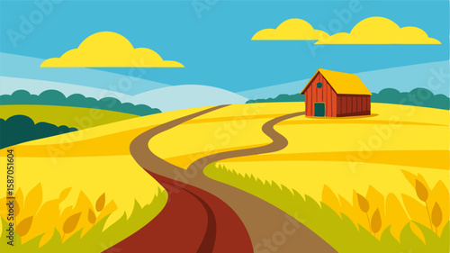 The path winds through a patchwork of golden wheat and vibrant yellow rapeseed with a picturesque barn in the distance.