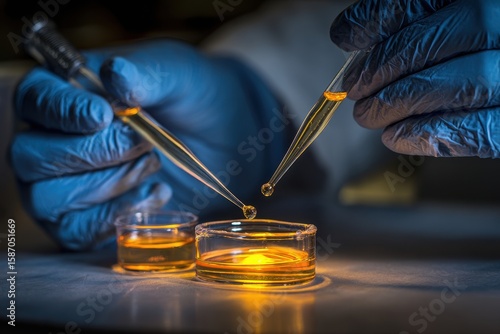 Close-Up of Laboratory Hands Using Pipettes with Liquid Samples