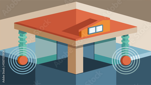 Seismic isolation bearings are installed beneath the building allowing it to move slightly and absorb the energy of an earthquake without causing. Vector illustration