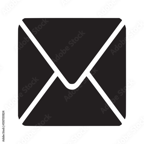 A simple black and white vector image of a sealed envelope on a solid white background design icon