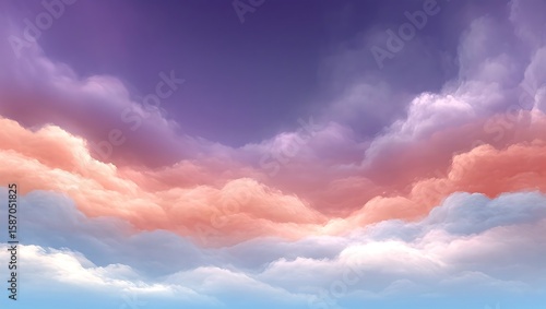 Sky of Dreams: A breathtaking vista of a gradient sky fills the frame, with fluffy clouds brushed in vibrant hues of peach and purple, the horizon a canvas of pure wonder.