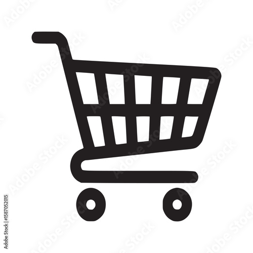 Isolated black shopping cart icon with a handle and wheels on a white background in a simple style