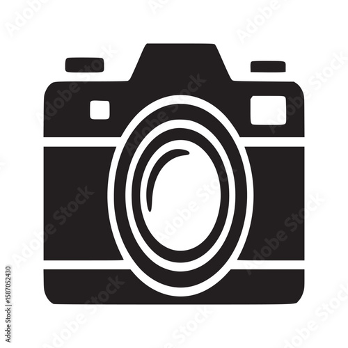 A simplistic black camera icon with a white lens on a plain white background in a flat style