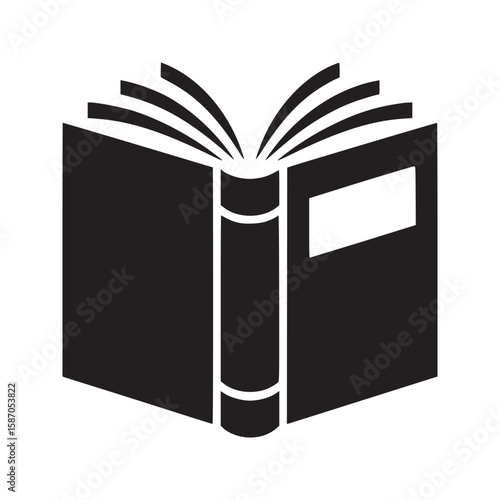 Illustration of an open book with a white label on the cover in a black and white color scheme