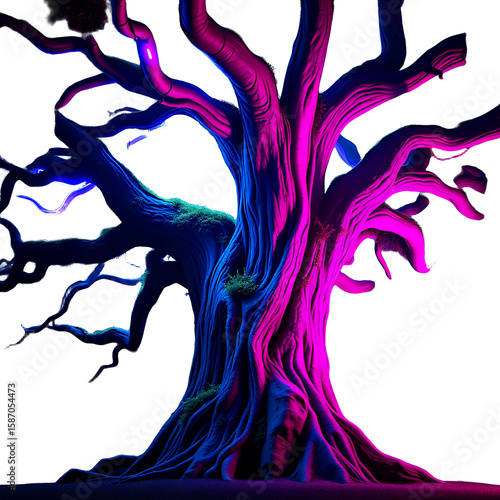 A striking digital artwork depicts a glowing neon tree against a dark background with vibrant pink and blue hues.