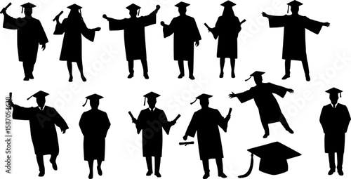 Graduate, student in graduation cap silhouette vector. University Students or graduates celebrating silhouettes vector art on white background