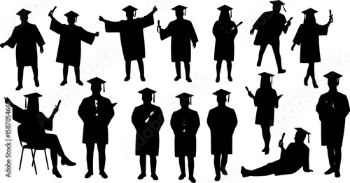 Graduate, student in graduation cap silhouette vector. University Students or graduates celebrating silhouettes vector art on white background