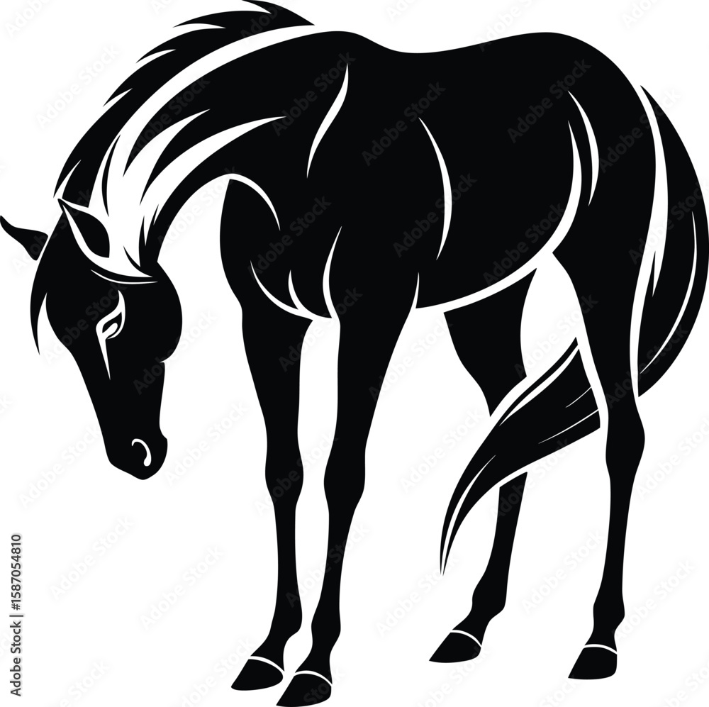 Obraz premium Black and white horse illustration. Stylized vector art of a grazing horse with flowing mane and tail in minimalist line art. Perfect for equestrian branding, farm logos, and animal-themed designs.