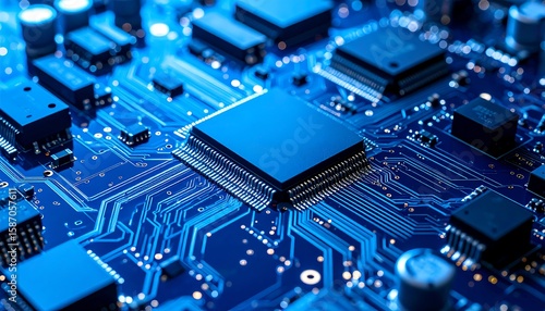 Close-up of intricate circuit board with central chip