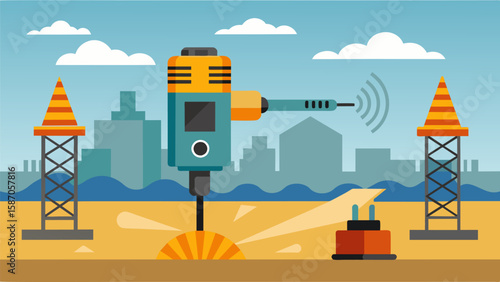 The weight and force of the vibrating tool creates a slight tremor on the construction site a necessary and exciting component of the concrete pouring. Vector illustration