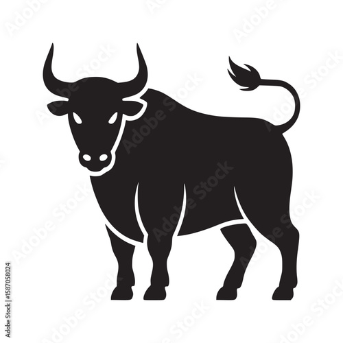 A black silhouette of a bull standing on a white background with a curled tail and horns shown
