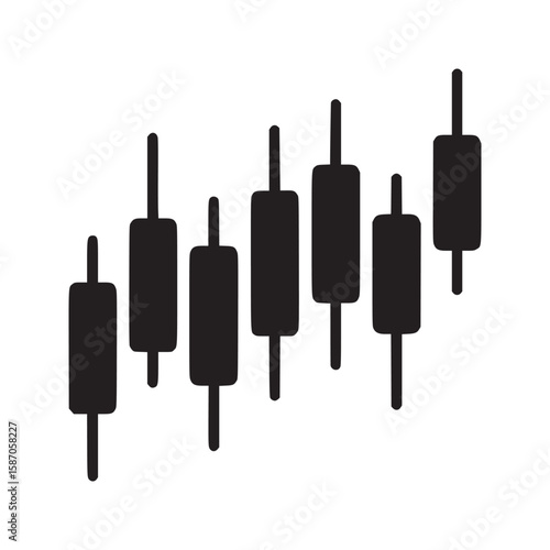 A black and white illustration of a candlestick chart showing an upward trending market pattern