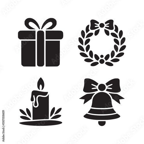 Four christmas themed icons including a gift a wreath a candle and a bell in black and white style