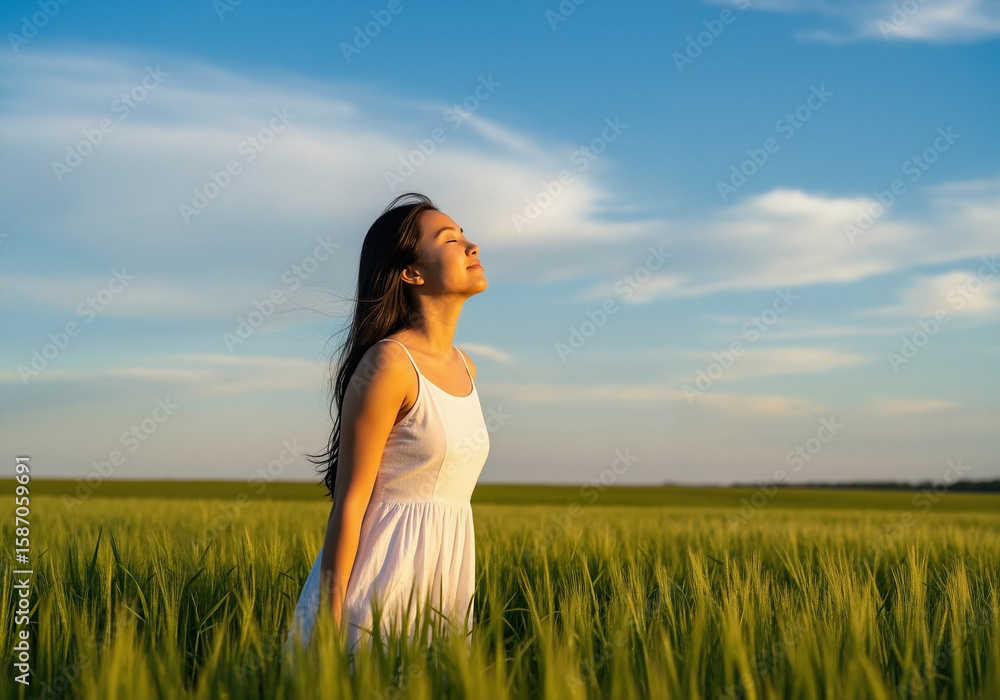 Serene Asian woman in a white sundress enjoying the golden hour sun in a green wheat field Serene Asian woman in a white sundress enjoying the golden hour sun in a green wheat field