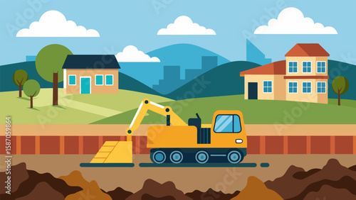 Heavy machinery tightly compacting layers of soil and gravel to create a berm as a natural noise barrier between a construction site and a residential. Vector illustration