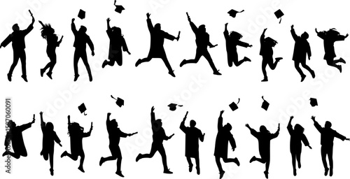 Collection of silhouettes of university students celebrating graduation by jumping and throwing toga caps on transparent background
