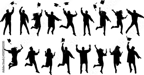 Collection of silhouettes of university students celebrating graduation by jumping and throwing toga caps on transparent background