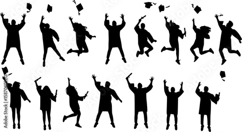 Collection of silhouettes of university students celebrating graduation by jumping and throwing toga caps on transparent background