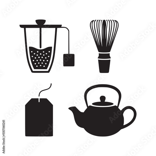 Black silhouettes of tea brewing items including a teapot cup whisk and tea bag on white background