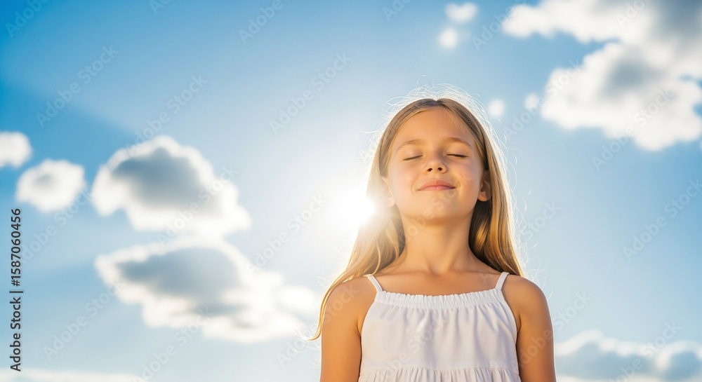 Obraz premium Serene young girl with blonde hair smiling with eyes closed, enjoying the warm sunlight against a bright blue summer sky