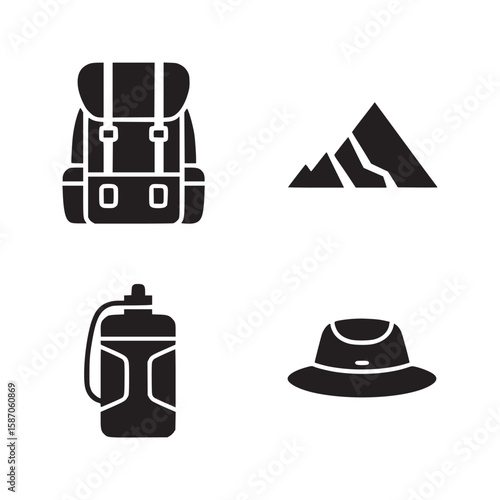 A collection of backpacking essentials featuring a backpack mountain water bottle and hat icon set