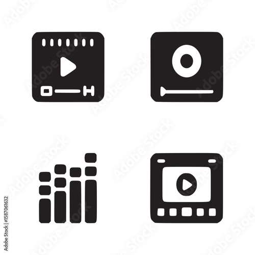 Four black media player icons with play buttons and sound bars on a white background surface view