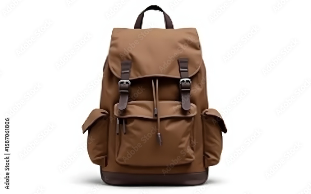 Naklejka premium A stylish brown backpack with leather accents is isolated on a clean white background, perfect for showcasing its design and functionality for travel or everyday use.