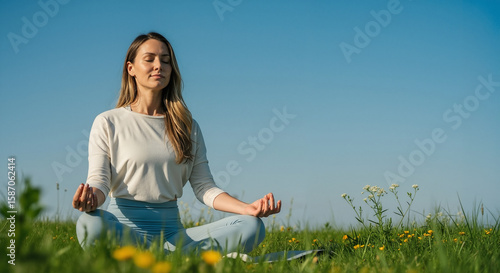 Fototapeta Naklejka Na Ścianę i Meble -  Peaceful woman with closed eyes meditating in a yoga lotus pose on a green meadow with copy space under a clear blue sky