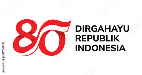 Bold red number 80 logo with Indonesian flag ribbon and text “Dirgahayu Republik Indonesia”, celebrating the 80th Independence Day. Modern, patriotic, symbolic, and culturally significant design.