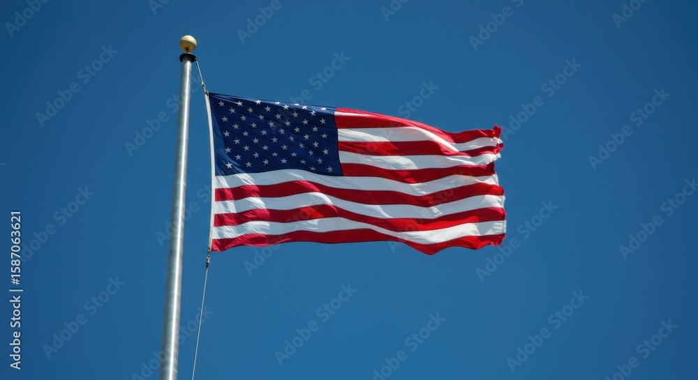 Fototapeta premium American flag waving in clear blue sky