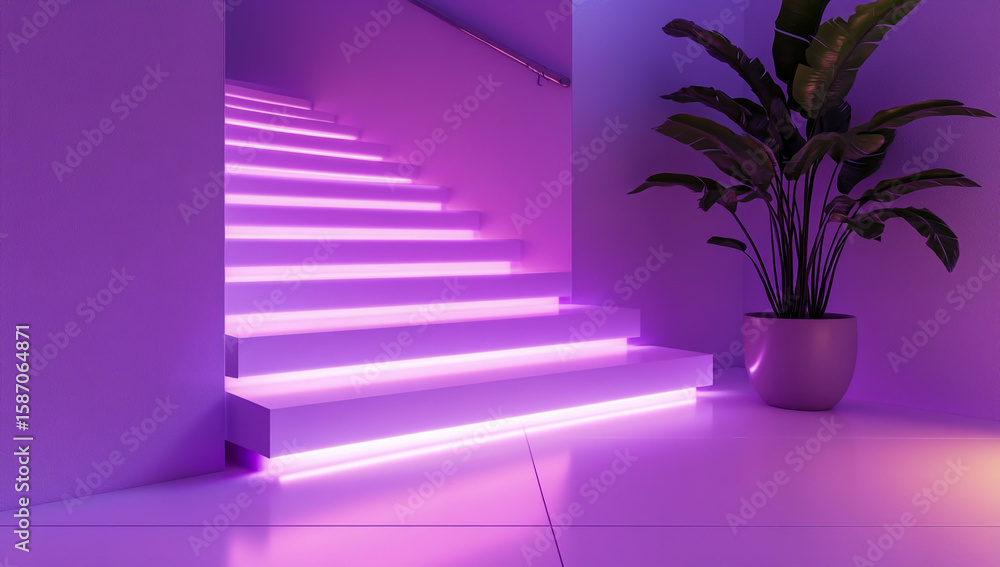 Obraz premium A contemporary home interior features a sleek staircase illuminated by vibrant purple LED lights, which serve as both a nighttime security light and a stylish decorative backdrop.
