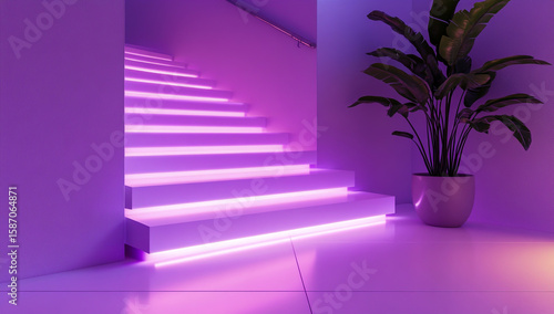 A contemporary home interior features a sleek staircase illuminated by vibrant purple LED lights, which serve as both a nighttime security light and a stylish decorative backdrop.