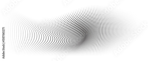 Flowing Wave Dot Halftone Pattern: Curve Gradient Shape on Transparent Background. Suitable for AI, Tech, Network, Digital, Science, and Technology Themes.
