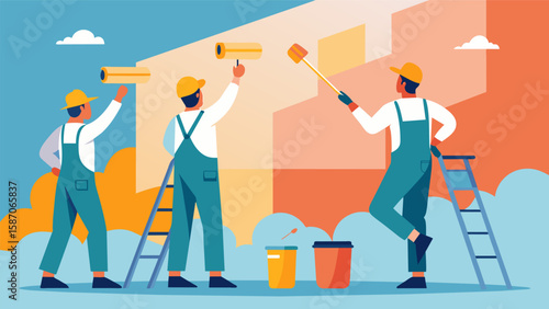 Painters skillfully applying fresh coats of paint to the walls giving the building a bright and updated look.. Vector illustration