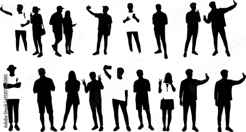 Silhouette group of people selfie different poses silhouette vector set on white background.
