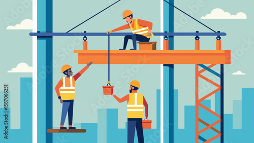 Once the steel beams are secured workers move on to assembling the steel columns using specialized equipment to accurately align and attach them.. Vector illustration