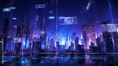 Wallpaper Mural Futuristic Cityscape with Digital Overlays and Glowing Network, Neon Cyberpunk Metropolis Torontodigital.ca