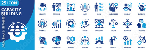 capacity building icon set collection in solid glyph style. an icon pack contain goal,training,skill,knowledge,growth,develop,learn