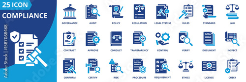compliance icon set collection in solid glyph style. an icon pack contain rules,policy,law,regulation,standard,audit,control