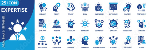 expertise icon set collection in solid glyph style. an icon pack contain skill,knowledge,mastery,ability,experience,talent,proficiency