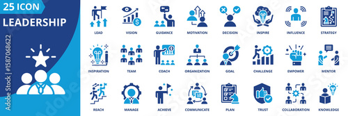 leadership icon set collection in solid glyph style. an icon pack contain vision,guidance,inspire,influence,lead,decision,strategy