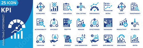 kpi icon set collection in solid glyph style. an icon pack contain scorecards,target,evaluation,goal setting,performance,metric