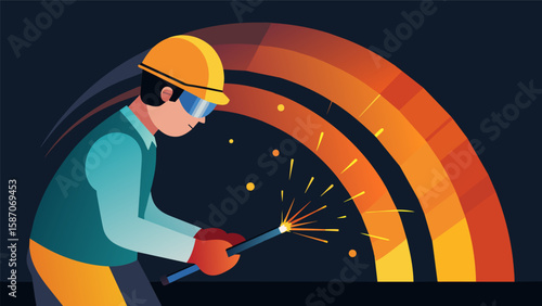 The bright arcs of light from the welding torch create a mesmerizing display as the worker carefully joins two metal pipes.. Vector illustration