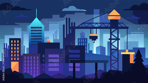 The illuminated construction site is a striking sight against the dark city skyline a symbol of progress and development.. Vector illustration